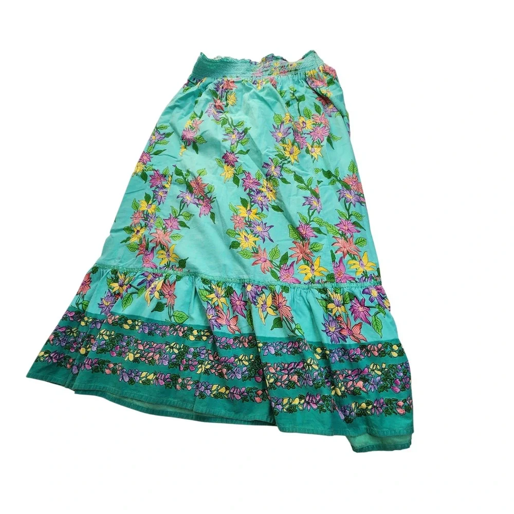 Derek‎ Heart Floral Smocked Maxi Skirt Teal Green Cotton Boho Cottagecore Size M
